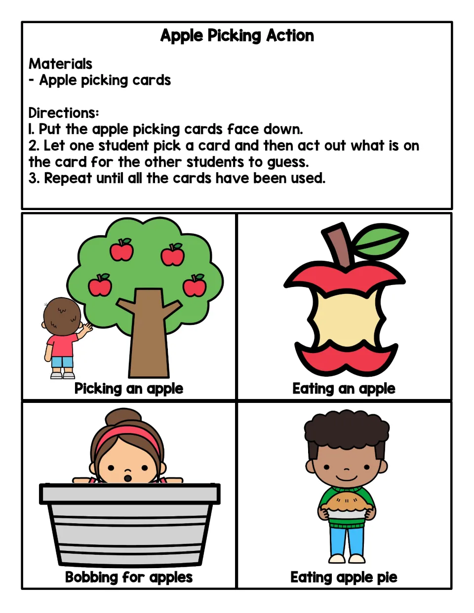 Apple Picking Action directions and 4 charades cards: picking an apple, eating an apple, bobbing for apples, apple pie