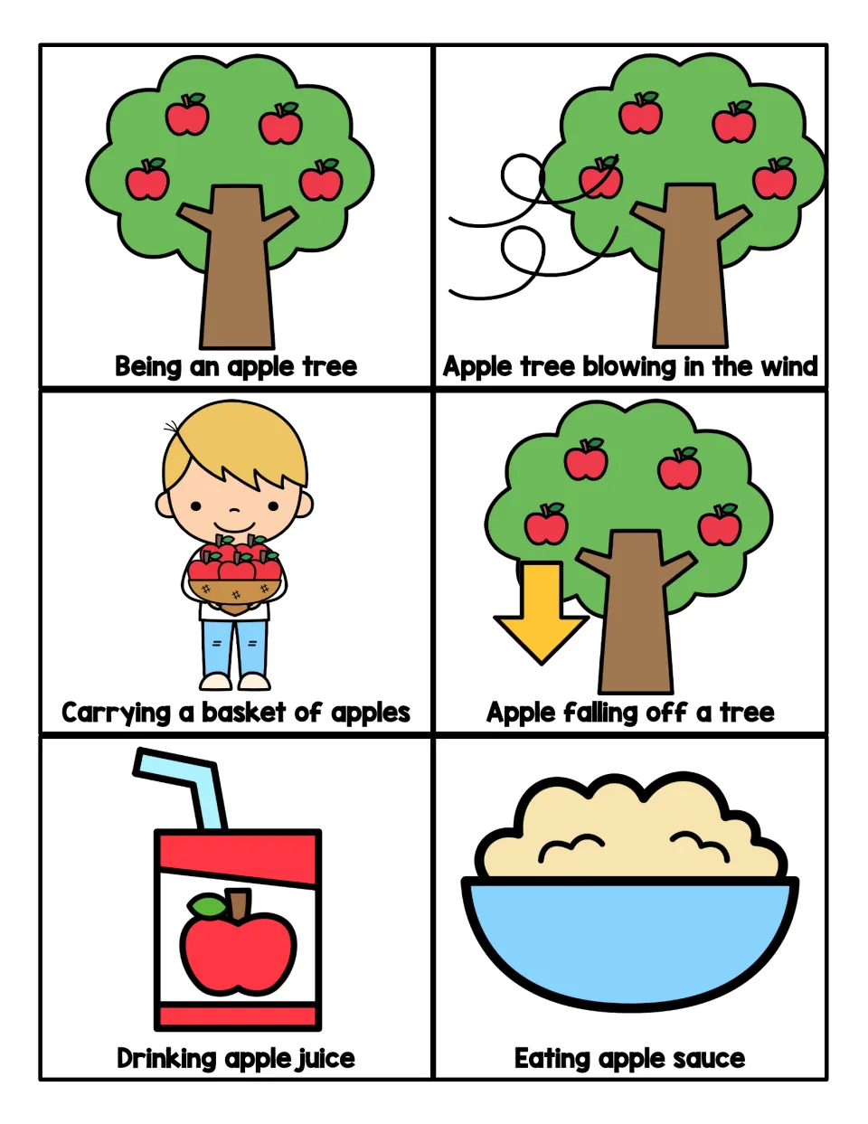 More apple acting cards: an apple tree, tree in the wind, carrying a basket, falling apple, apple juice, apple sauce