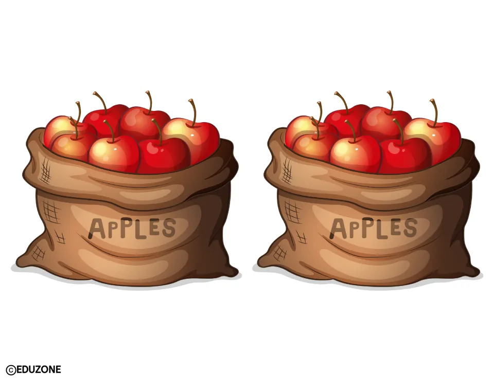 Fall decor cut-outs: two matching burlap sacks labeled APPLES, each overflowing with red apples, printed side by side