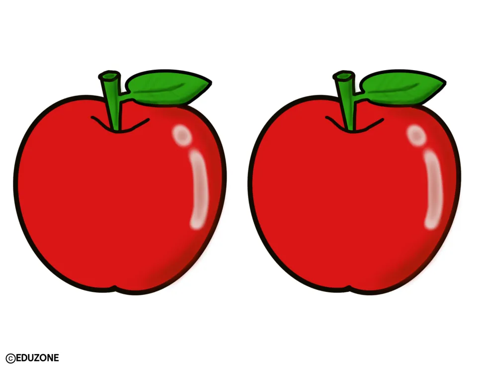Apple cut-outs: two medium red apples side by side, each with a green stem and a right-facing leaf