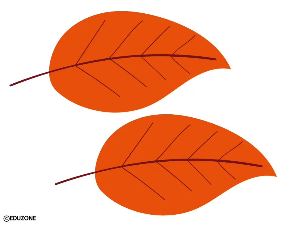 Autumn leaf cut-outs: two orange leaves with dark red veins and curving stems, one above the other on the sheet