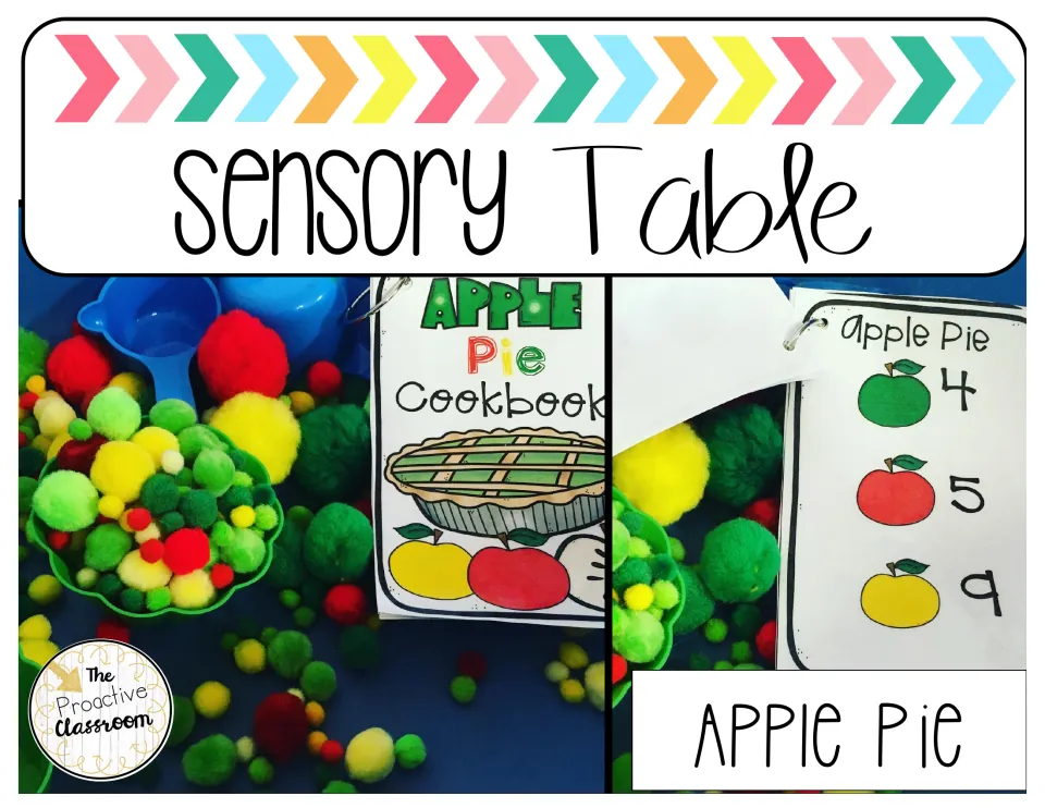 Sensory table cover: photos of red, green and yellow pom poms, measuring cups and an apple cookbook with counting cards