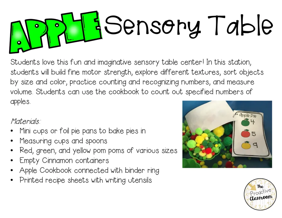 Apple sensory table setup: counting, sorting by size and color and measuring volume, with a materials list and photo