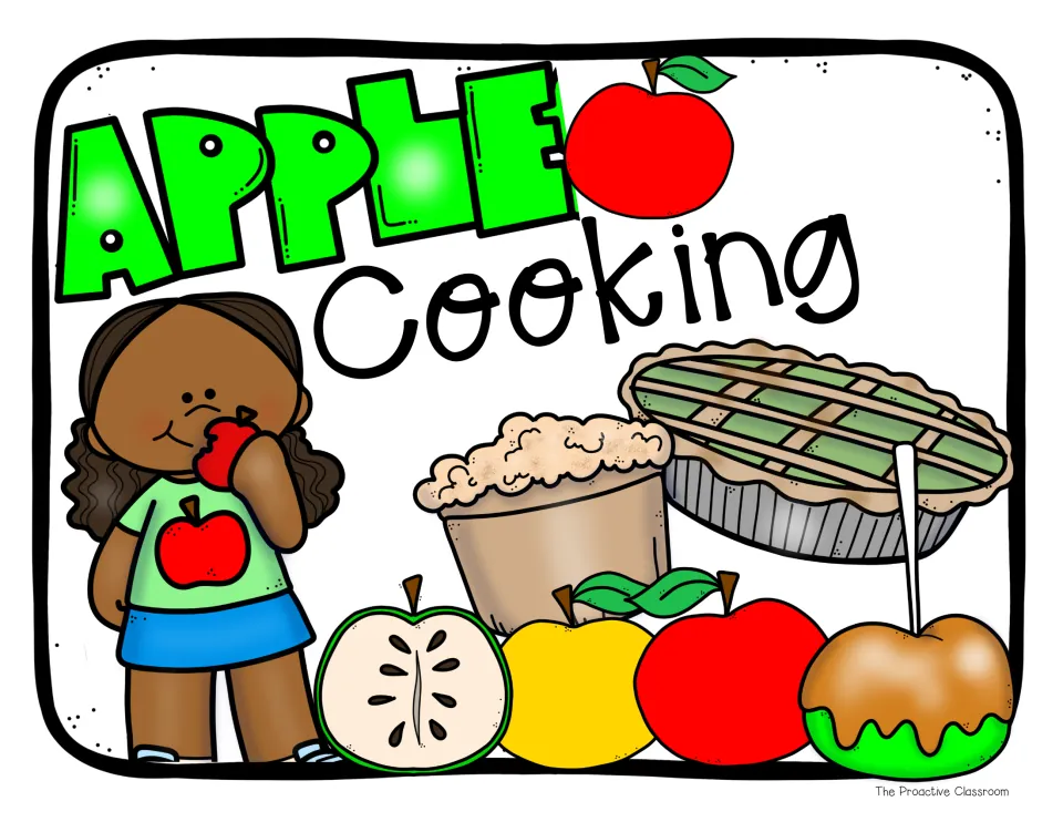 Apple Cooking sign showing a girl eating an apple beside apple pie, crumb cake, a caramel apple and whole apples