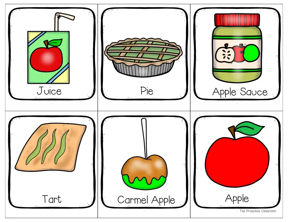 Apple food picture cards: juice, pie, apple sauce, tart, carmel apple and apple, each shown with a picture and word