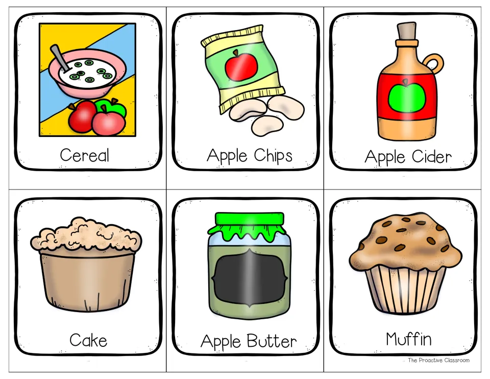 Apple food picture cards: cereal, apple chips, apple cider, cake, apple butter and muffin, labeled for vocabulary