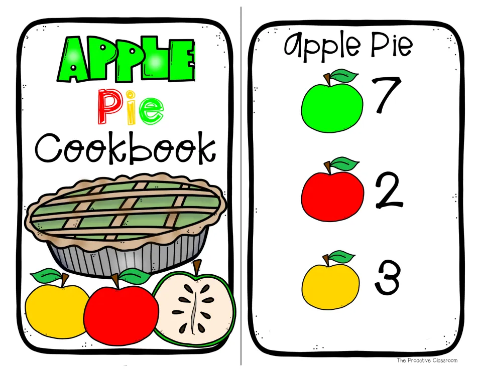 Apple Pie Cookbook cover and first recipe card: count 7 green, 2 red and 3 yellow apples by number and color