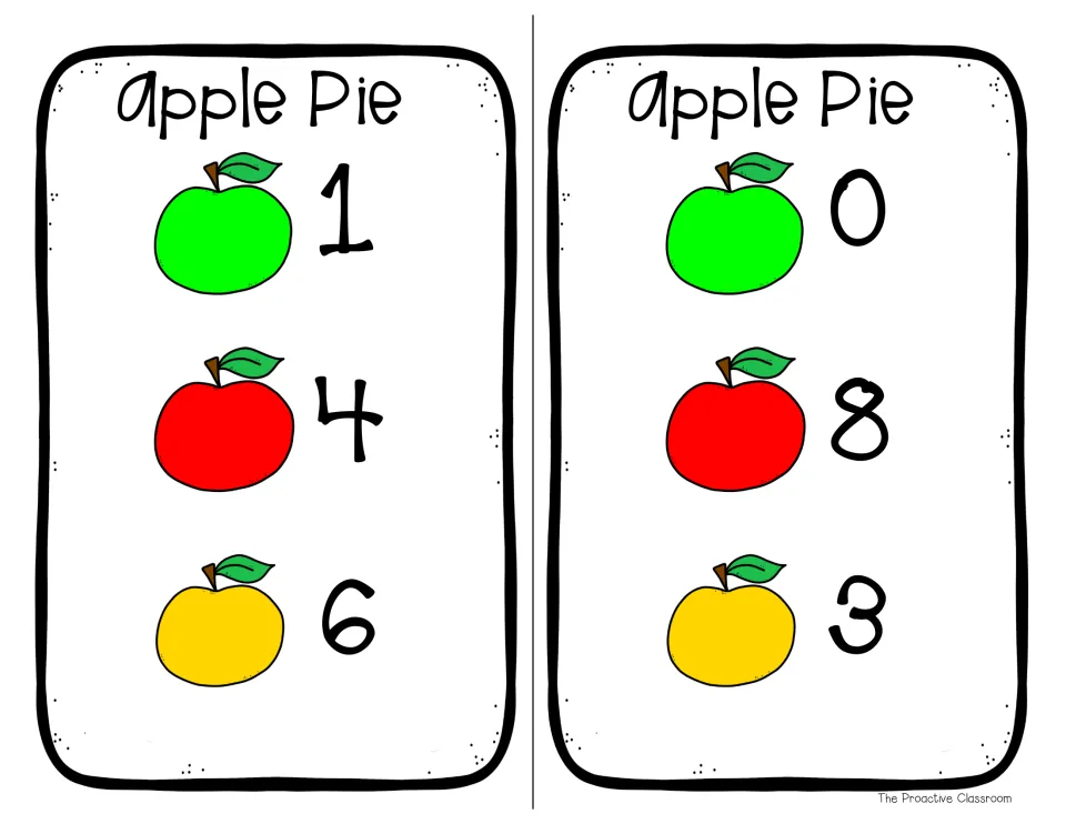 Cookbook recipe cards for counting apples by color: 1 green, 4 red, 6 yellow on one; 0 green, 8 red, 3 yellow on another