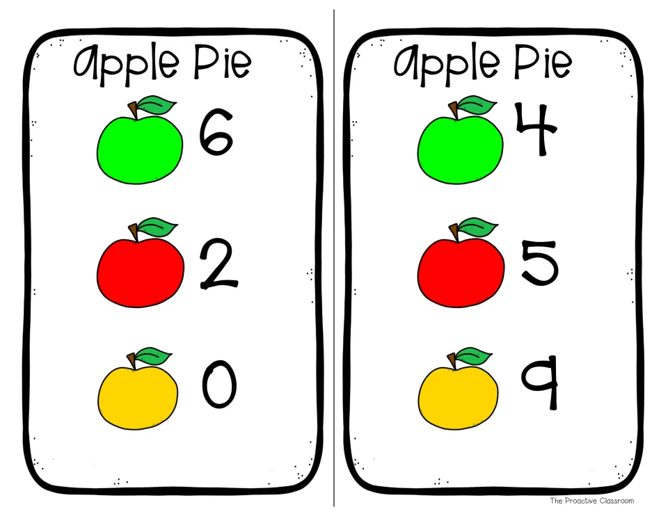 Counting recipe cards by apple color: 6 green, 2 red, 0 yellow apples on one; 4 green, 5 red, 9 yellow on another