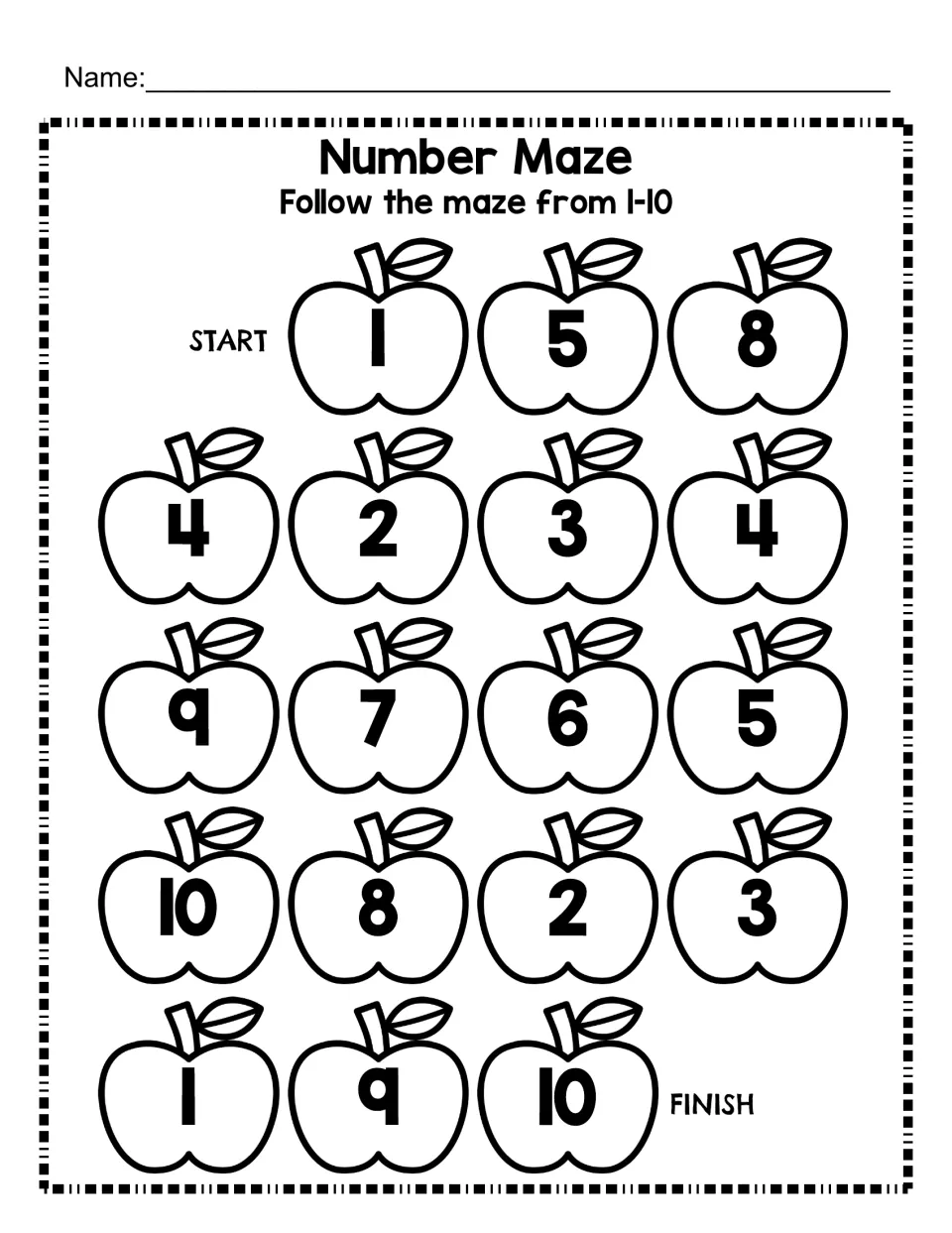Number Maze 1-10: students follow numbered apples in counting order from START to FINISH to practise number sequence