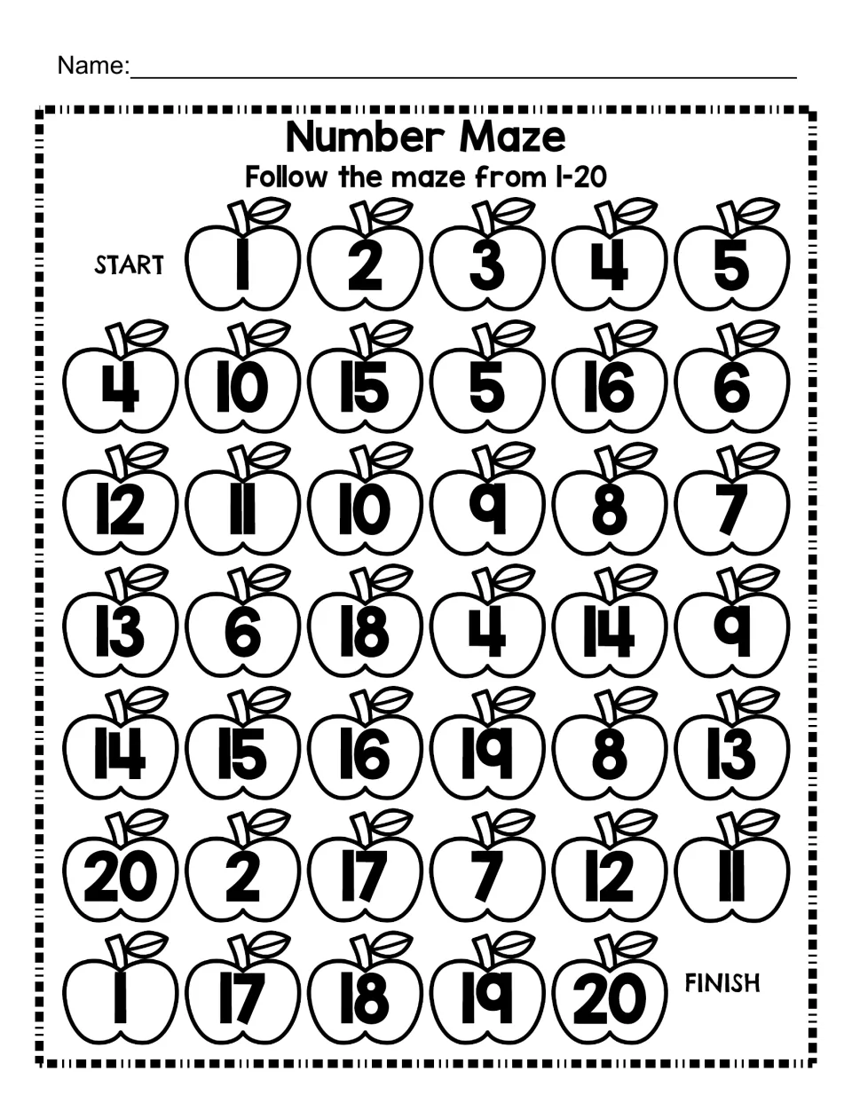 Number Maze 1-20: students trace a path through apples numbered 1 to 20 in order, skipping the out-of-sequence numbers