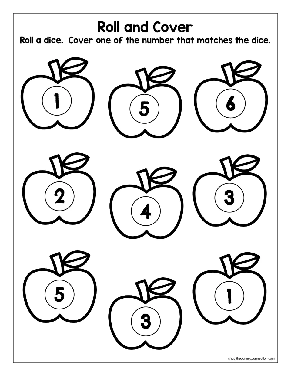 Roll and Cover: students roll a die and cover an apple showing the matching number 1 to 6 to practise numeral recognition