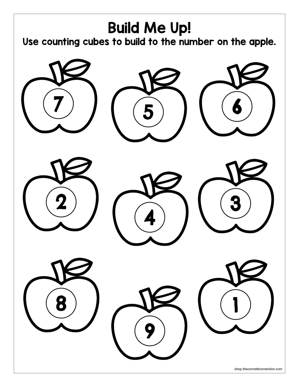 Build Me Up!: students stack counting cubes on each apple to match its number from 1 to 9, practising one-to-one counting