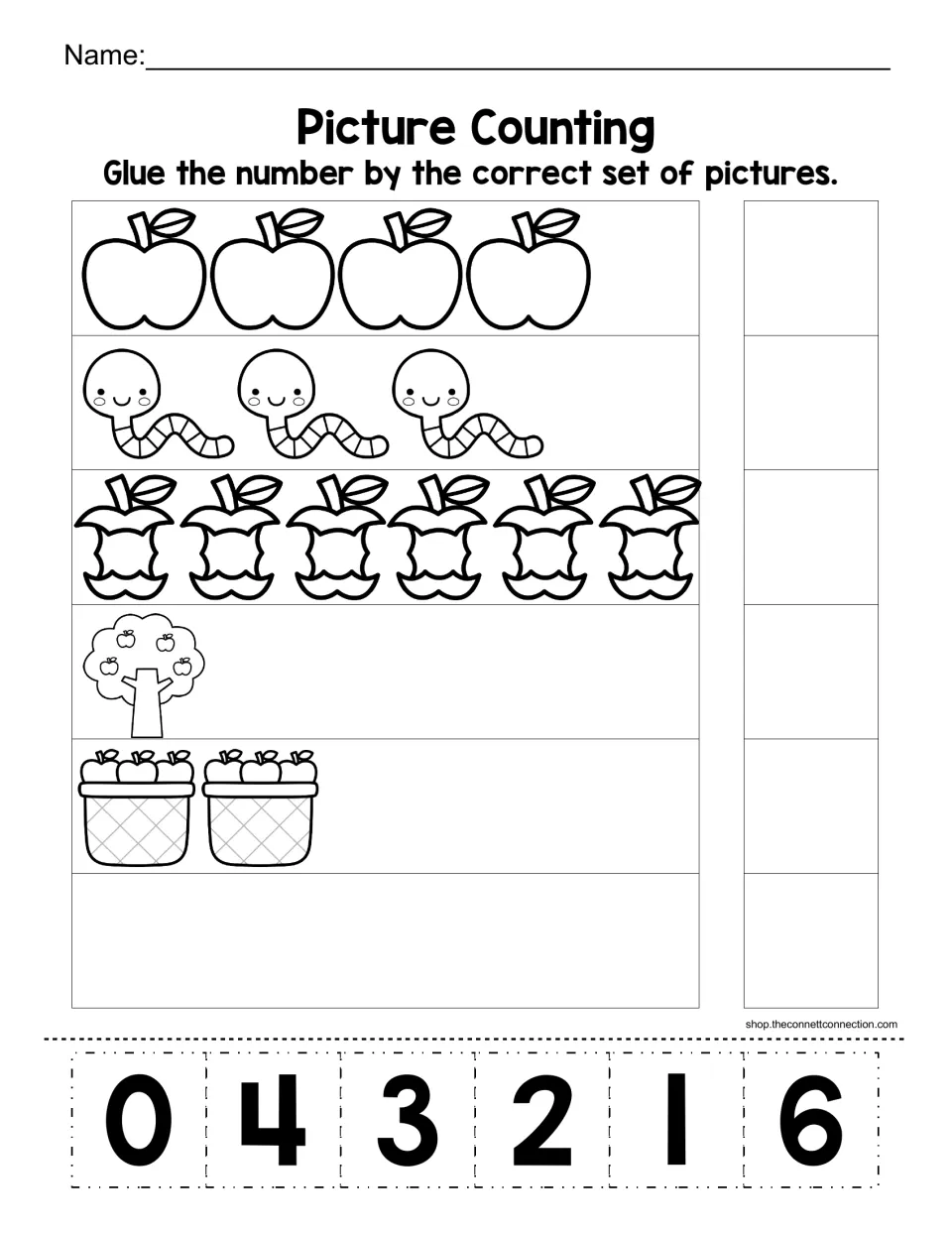 Picture Counting: students count apples, worms, apple cores, a tree and baskets, then cut and glue the matching number 0-6
