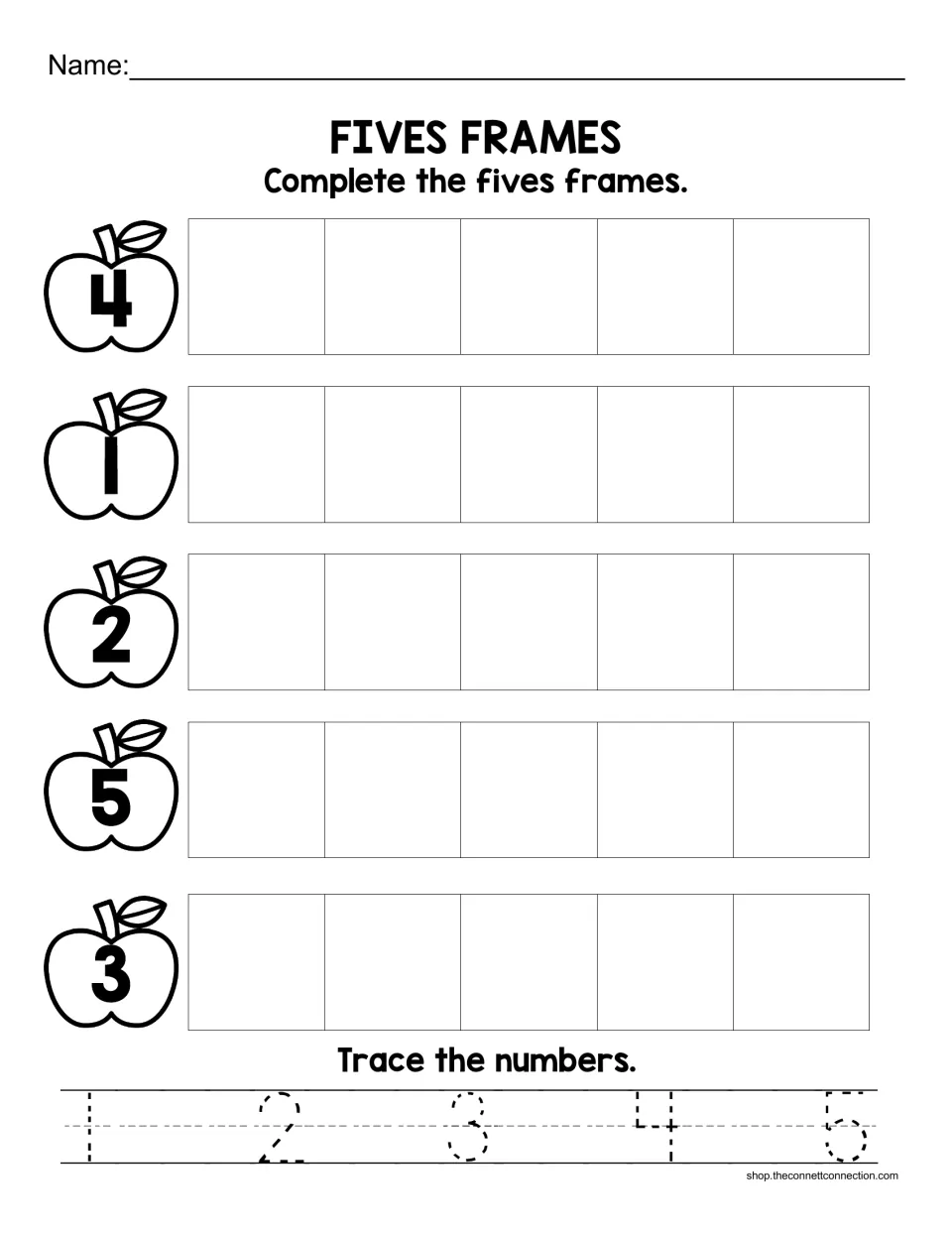 Fives Frames: students fill a five frame to show each apple's number from 1 to 5, then trace the numerals 1 through 5