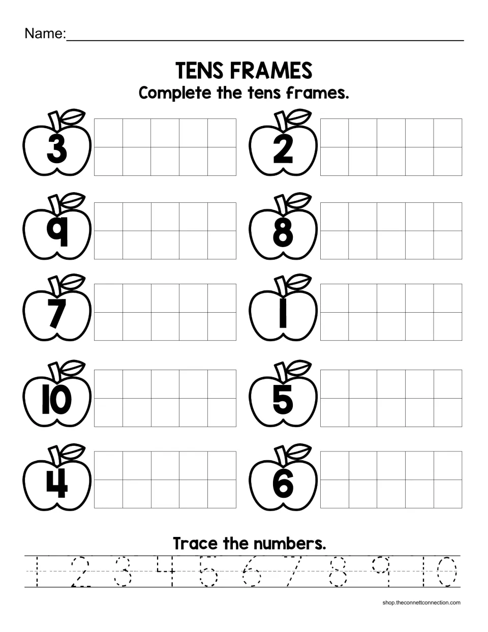 Tens Frames: students fill a ten frame to match each apple's number from 1 to 10, then trace the numerals 1 through 10