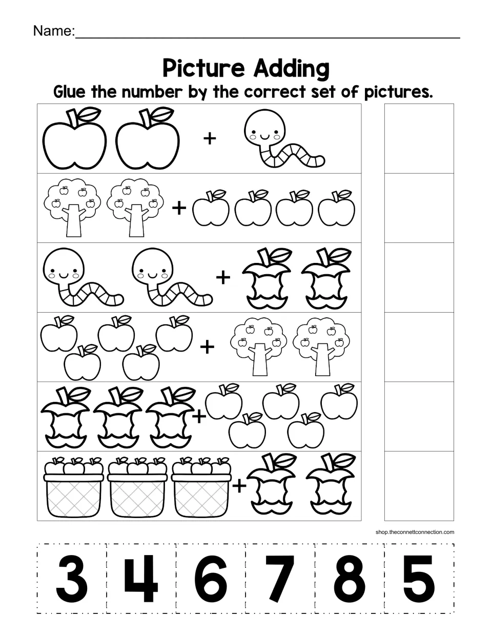 Picture Adding: students add two groups of apples, worms, trees, cores or baskets and glue the matching sum from 3 to 8