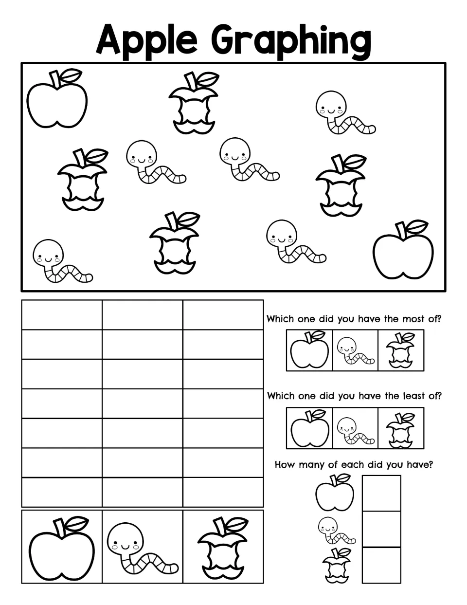 Apple Graphing: students count apples, worms and apple cores in a scene, graph them, then pick the most and least