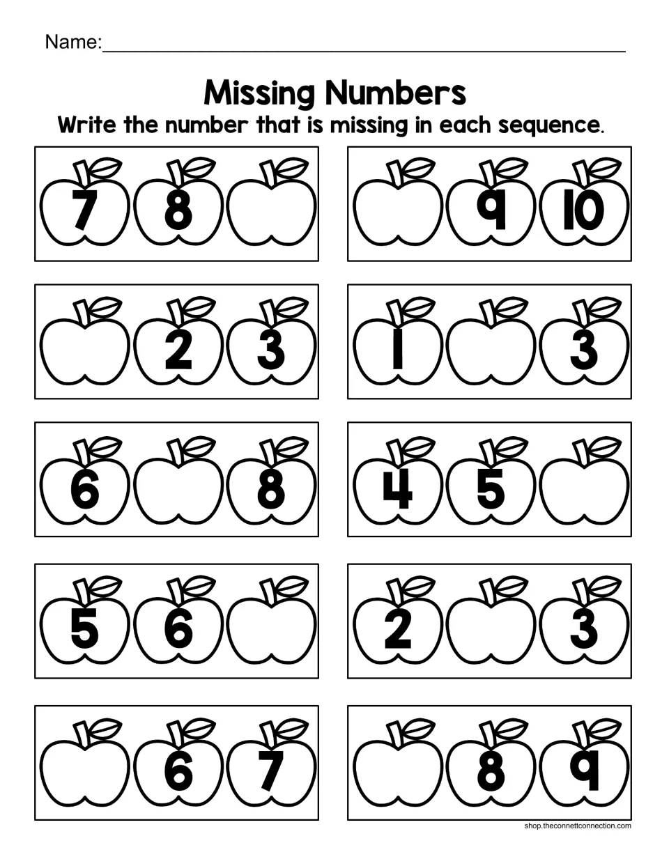 Missing Numbers: students write the number missing from each set of three apples, such as 7, 8, __, to practise sequencing
