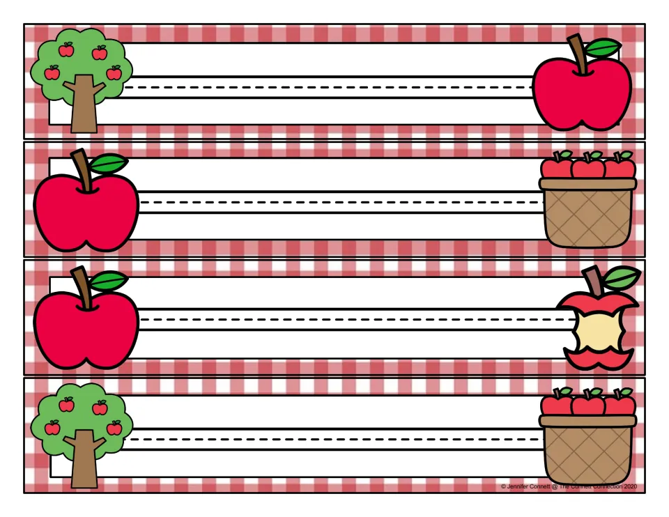Apple-themed prewriting cards 1–4 provide four straight horizontal tracing paths for left-to-right practice.