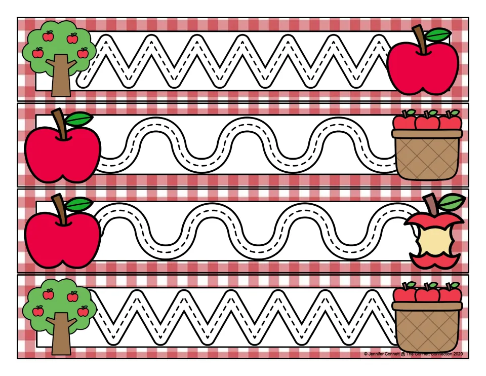 Apple-themed prewriting cards 5–8 feature two pointed zigzag paths and two rounded wave paths for tracing.