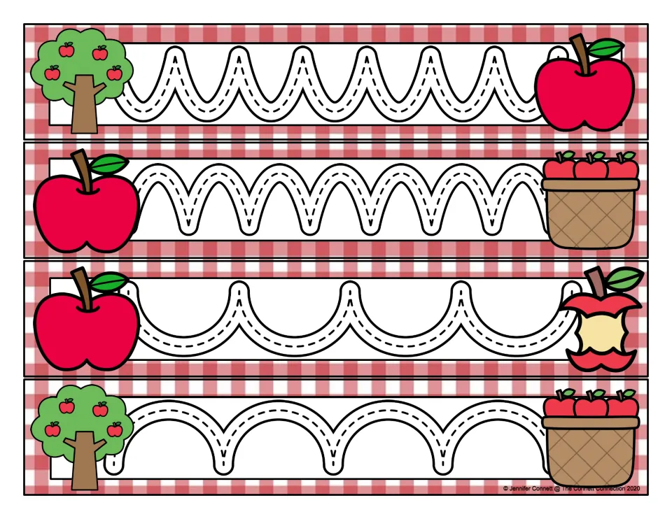 Apple-themed prewriting cards 9–12 feature narrow and wide scalloped tracing paths curving up and down.