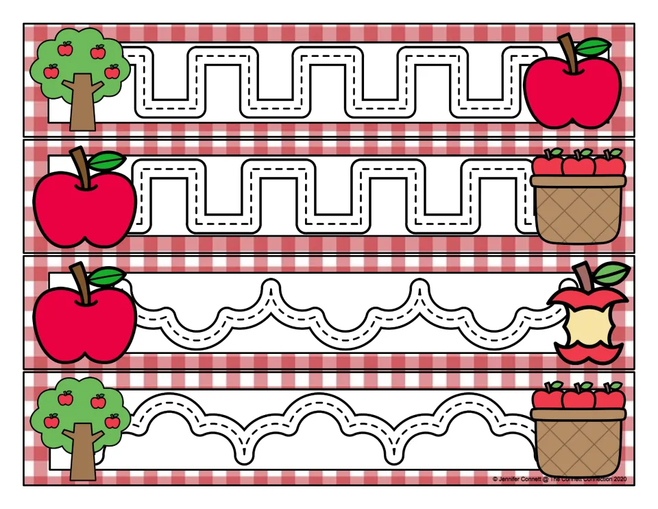 Apple-themed prewriting cards 13–16 include two squared step paths and two mixed scalloped tracing paths.