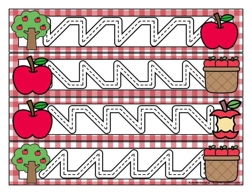 Apple-themed prewriting cards 17–20 combine diagonal slopes, short horizontal stretches, and vertical turns.