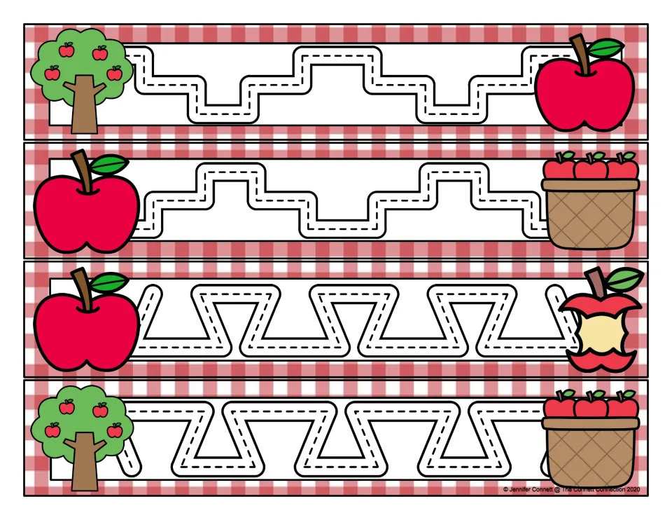 Apple-themed prewriting cards 21–24 feature two stair-step tracing paths and two angular trapezoid patterns.