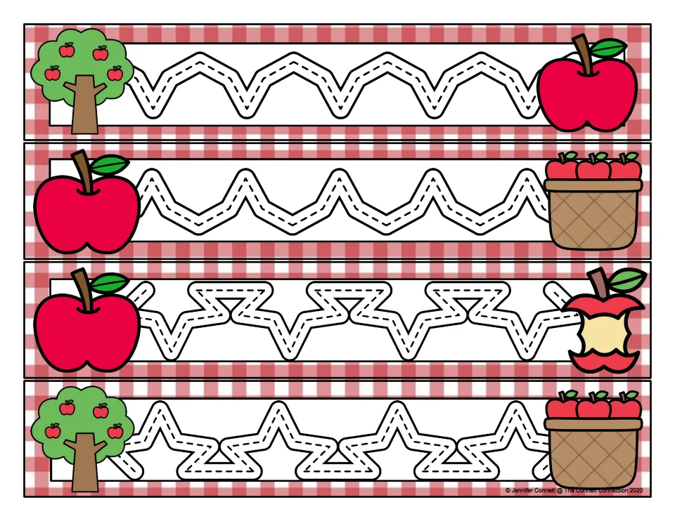 Apple-themed prewriting cards 25–28 feature angular peaks and valleys, followed by two star-like tracing paths.