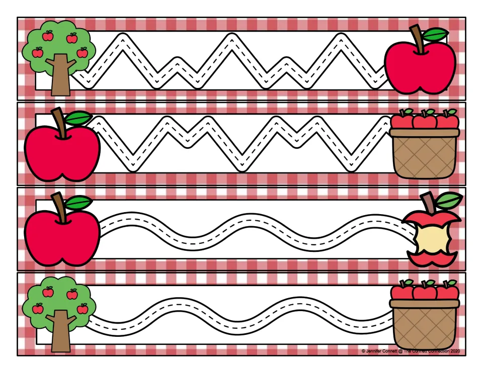 Apple-themed prewriting cards 29–32 include two zigzag paths alternating peak heights and two gentle waves.