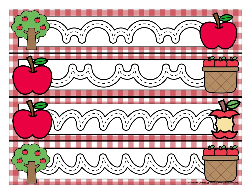 Apple-themed prewriting cards 33–36 feature mixed-size scallops and repeated curved humps facing up or down.