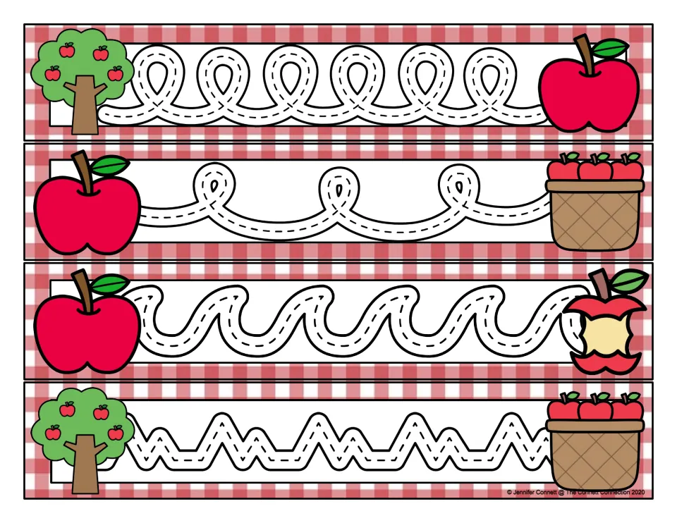 Apple-themed prewriting cards 37–40 feature close loops, widely spaced loops, curling waves, and mixed zigzags.