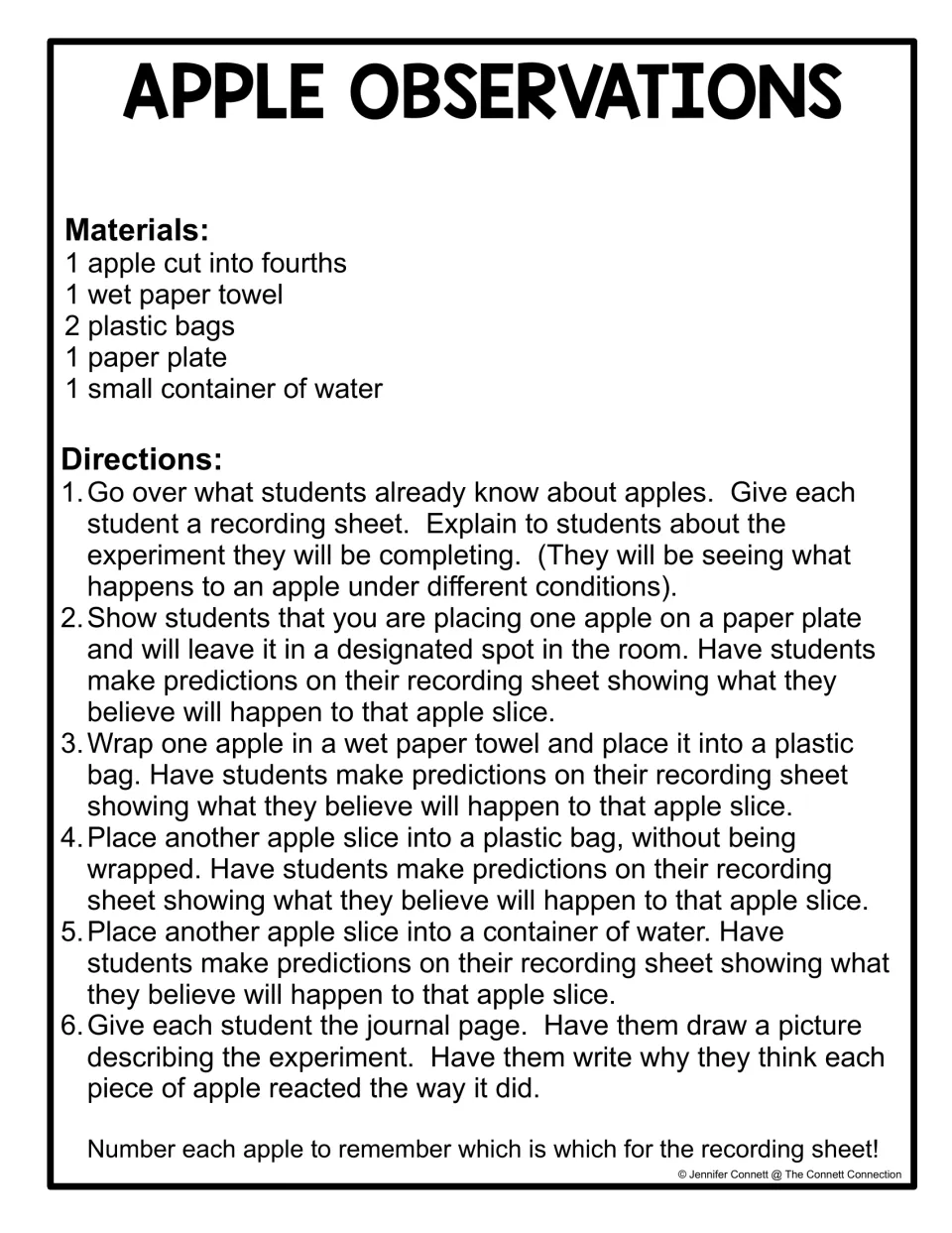 Apple Observations teacher directions: materials list and 6 steps for testing 4 apple slices on a plate, in bags and water