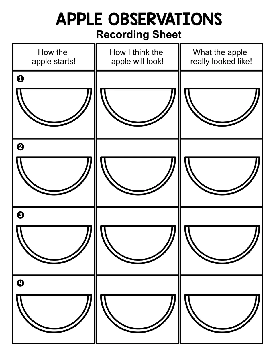 Apple recording sheet: students draw each of 4 apple slices at the start, predict how it will look, then draw the result