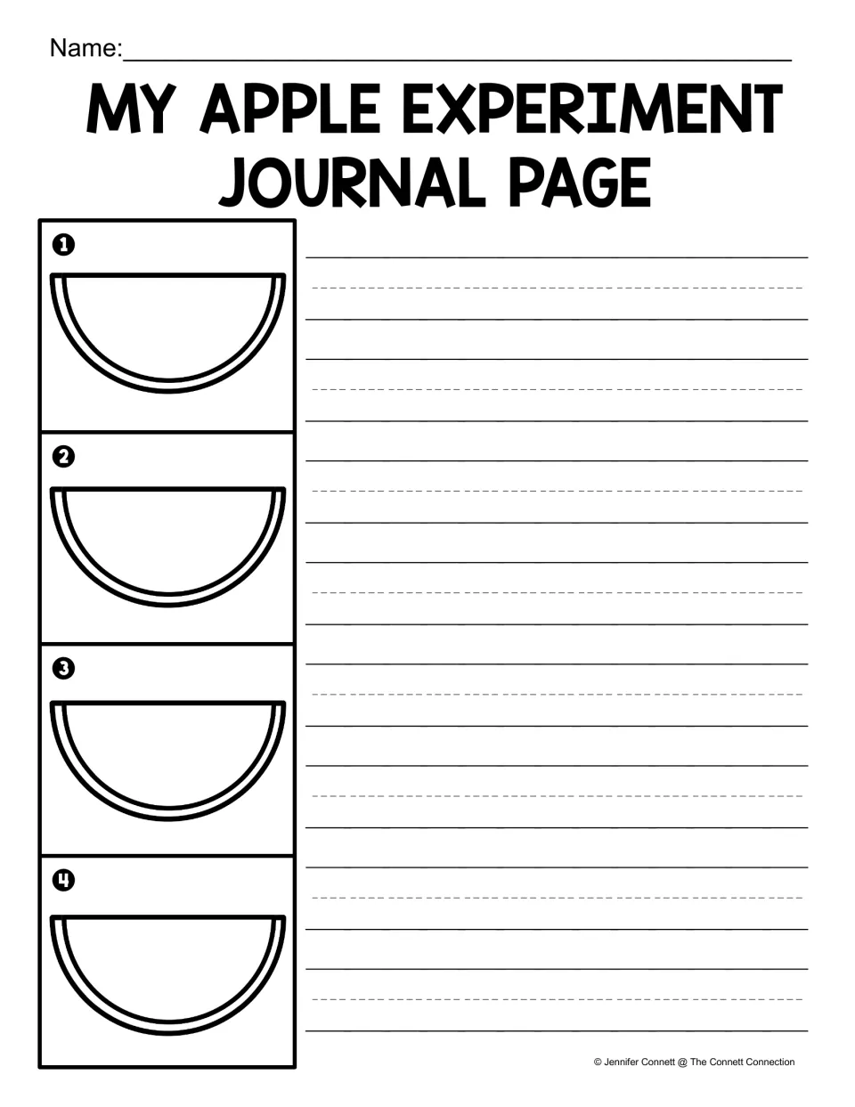Apple experiment journal: students draw each numbered apple slice 1 to 4 and write why each piece changed the way it did