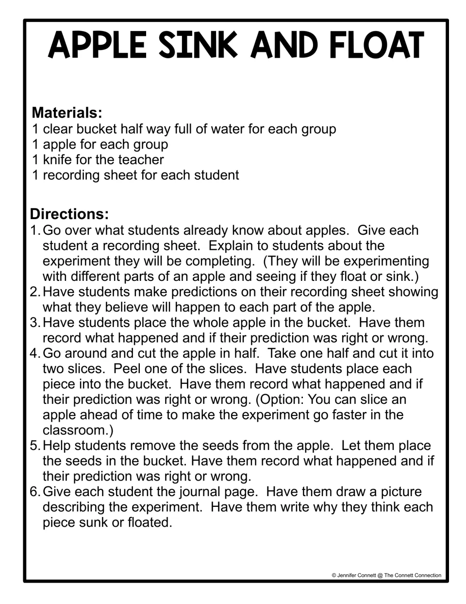 Apple sink and float directions: materials list and six teacher steps for testing whole apple, slices, peel and seeds