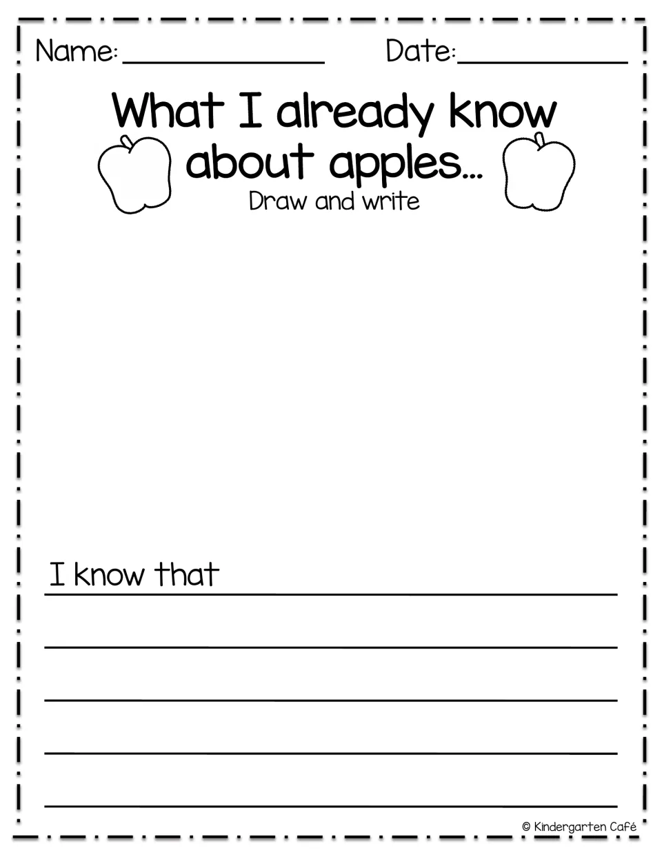 What I already know about apples: students draw and write prior knowledge, finishing the sentence starter I know that