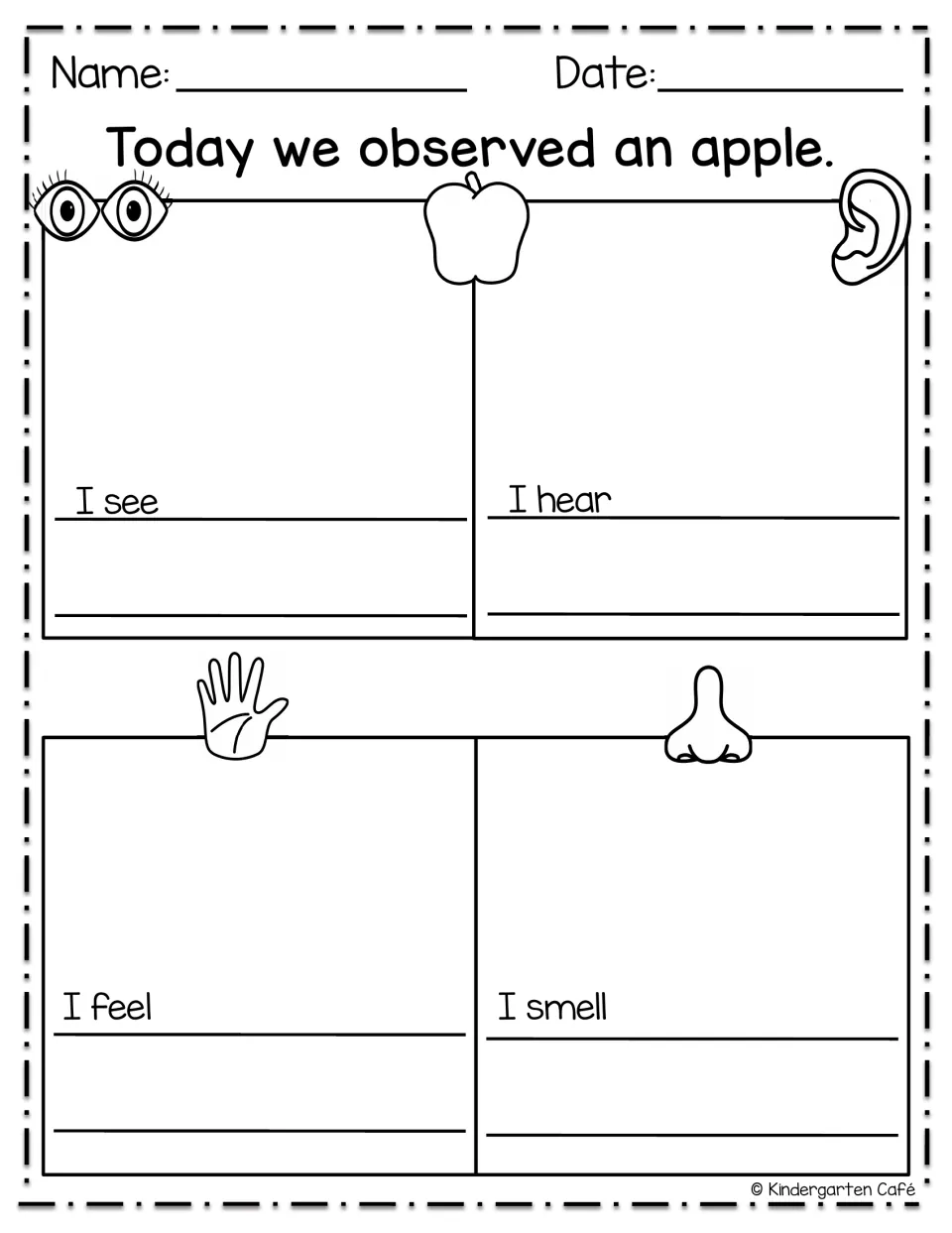 Five senses apple observation: students record what they see, hear, feel and smell about an apple using sentence starters