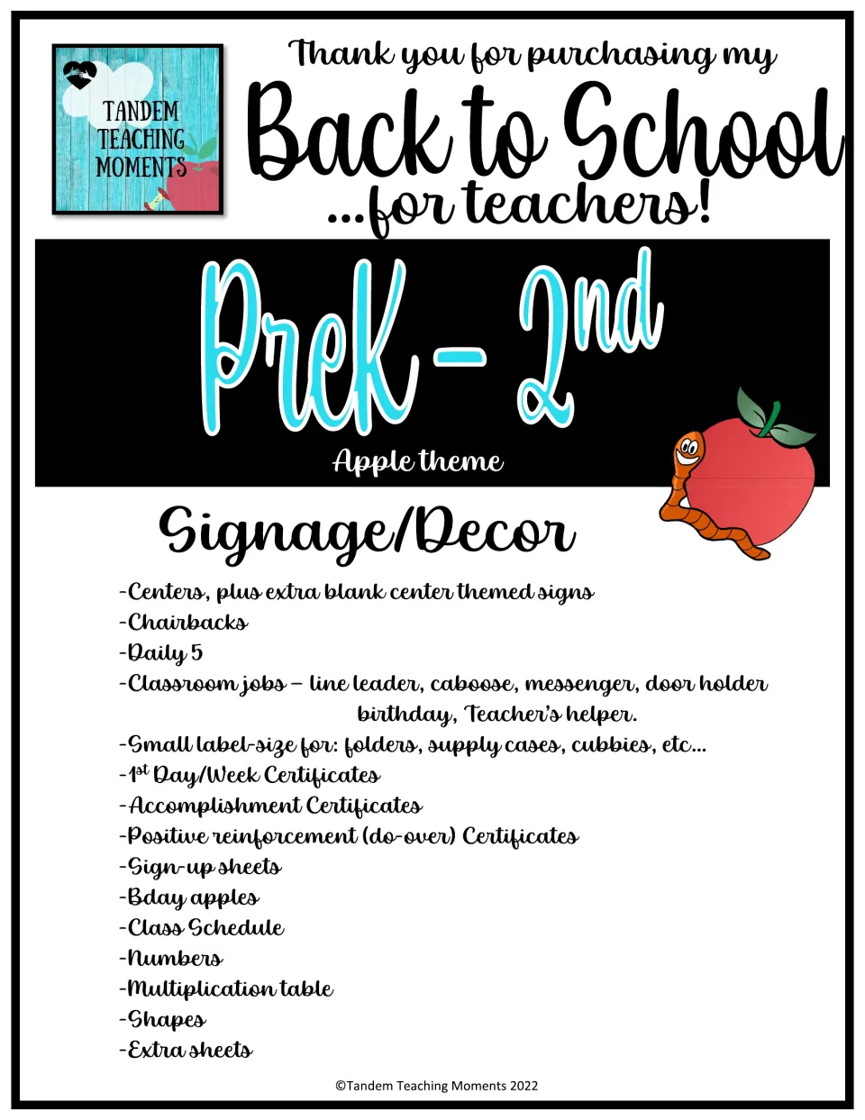 Back to School for teachers PreK-2nd, apple theme: lists center signs, chairbacks, job tags, certificates, labels and more