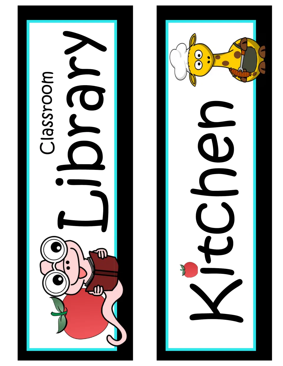 Center signs: Classroom Library with a reading bookworm on an apple, and Kitchen with a giraffe chef, printed sideways