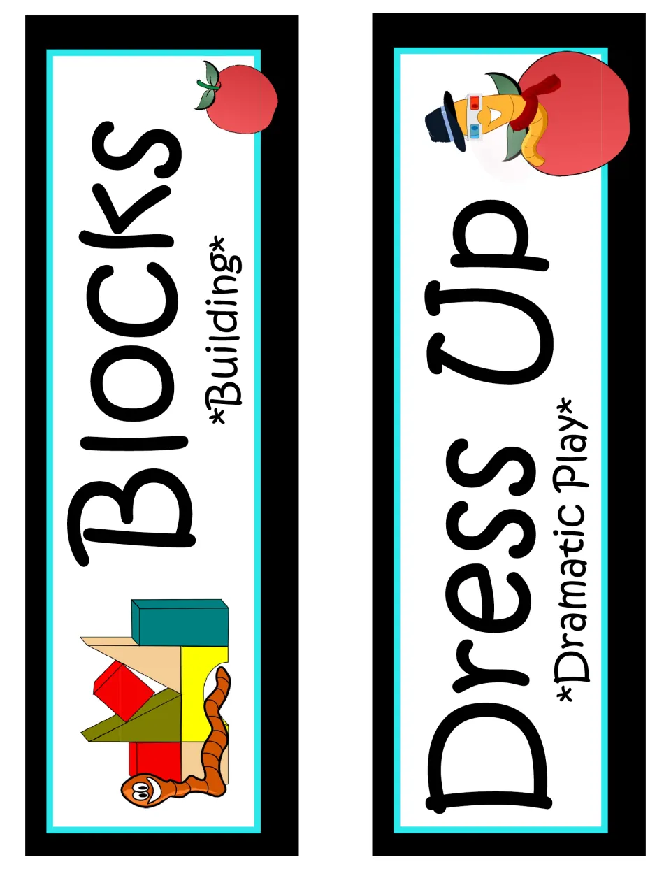 Center signs: Blocks *Building* with a worm by stacked blocks, and Dress Up *Dramatic Play* with a worm wearing a hat