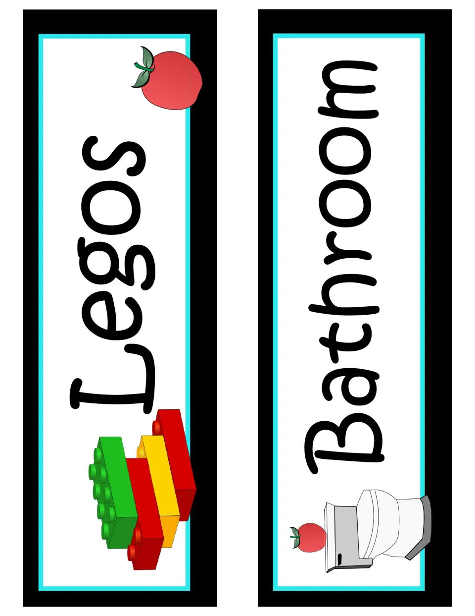 Center signs: Legos with stacked colored bricks and Bathroom with a toilet picture, each decorated with a red apple