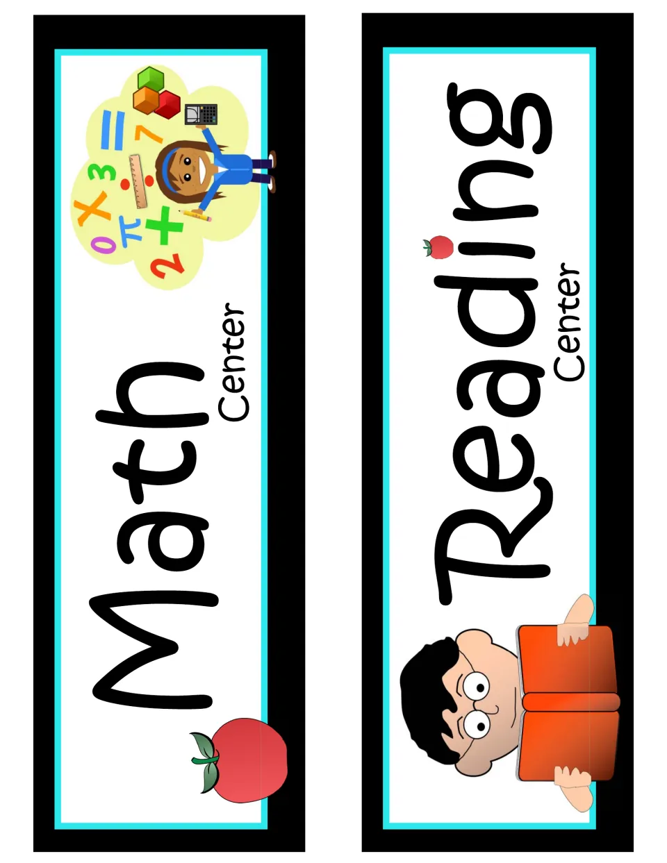 Center signs: Math Center with a girl and number symbols, and Reading Center with a boy holding an open orange book