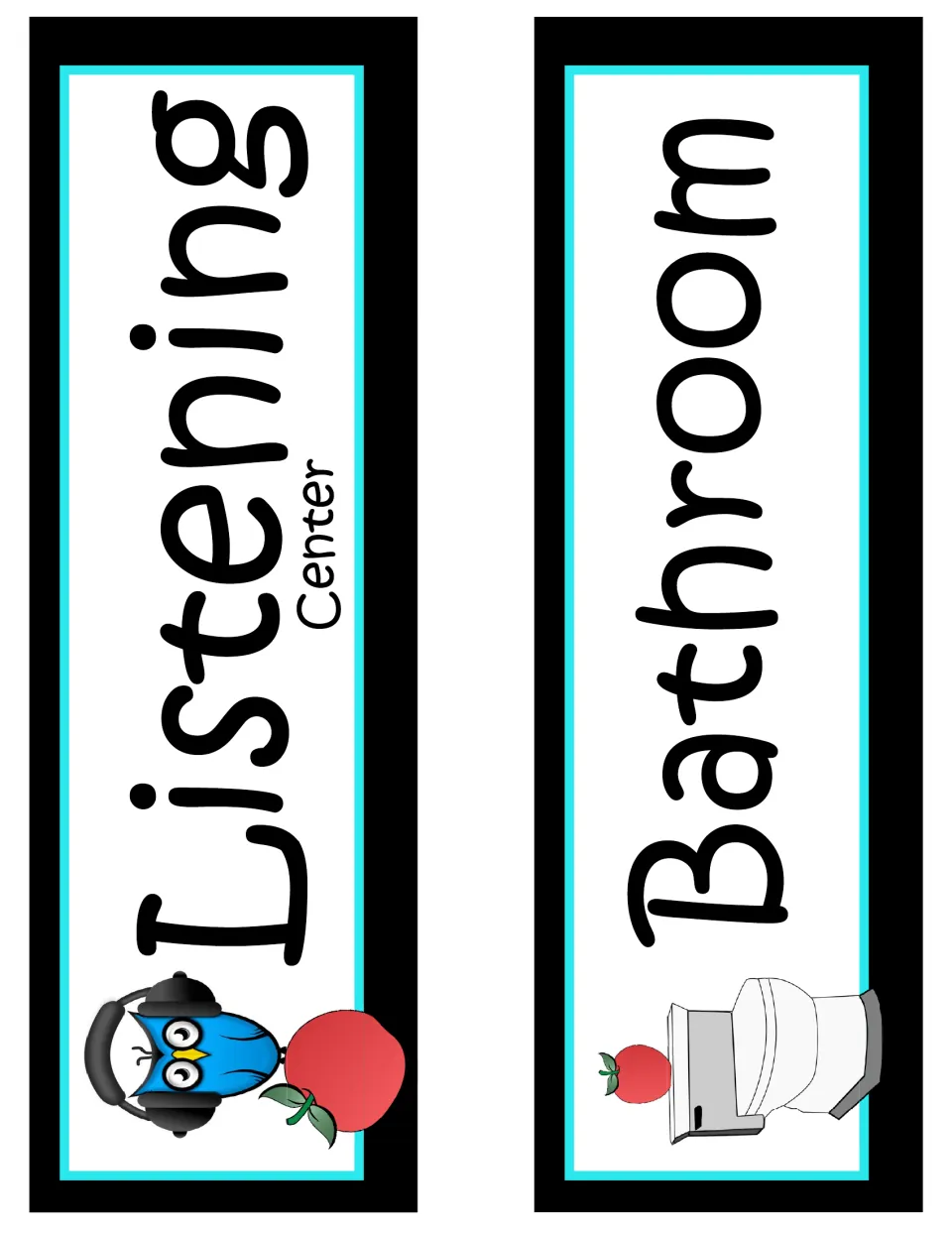 Center signs: Listening Center with a blue owl in headphones, plus a second Bathroom sign with a toilet and small apple