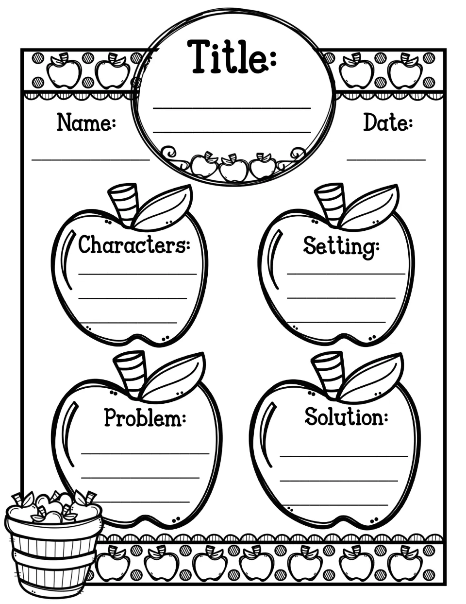 Story elements map: students write a book's title, characters, setting, problem and solution in four apple shapes