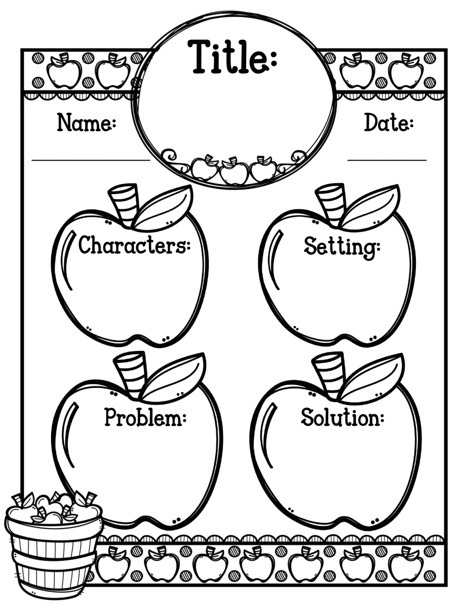 Unruled story elements map: students draw or write characters, setting, problem and solution inside four blank apples