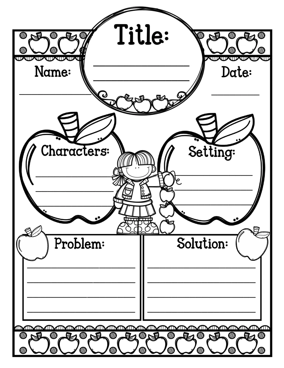Story map with a girl holding apples: students note characters and setting in two apples, then the problem and solution