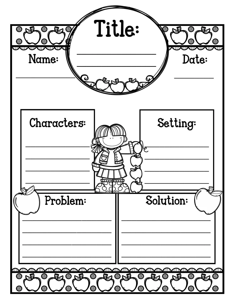 Story element recording sheet: students list characters and setting in side-by-side panels, then problem and solution