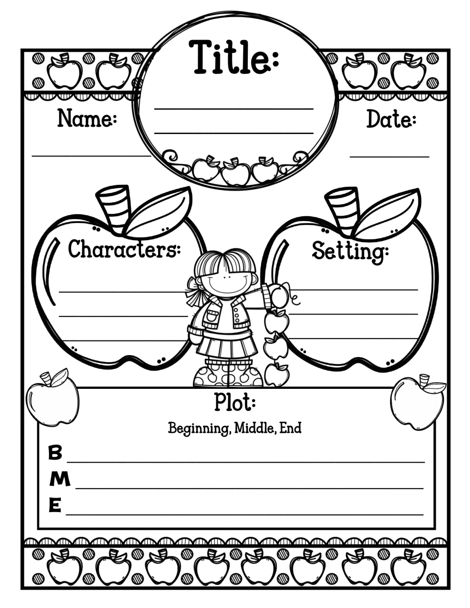 Retelling map: students name characters and setting, then write one plot event each beside the letters B, M and E